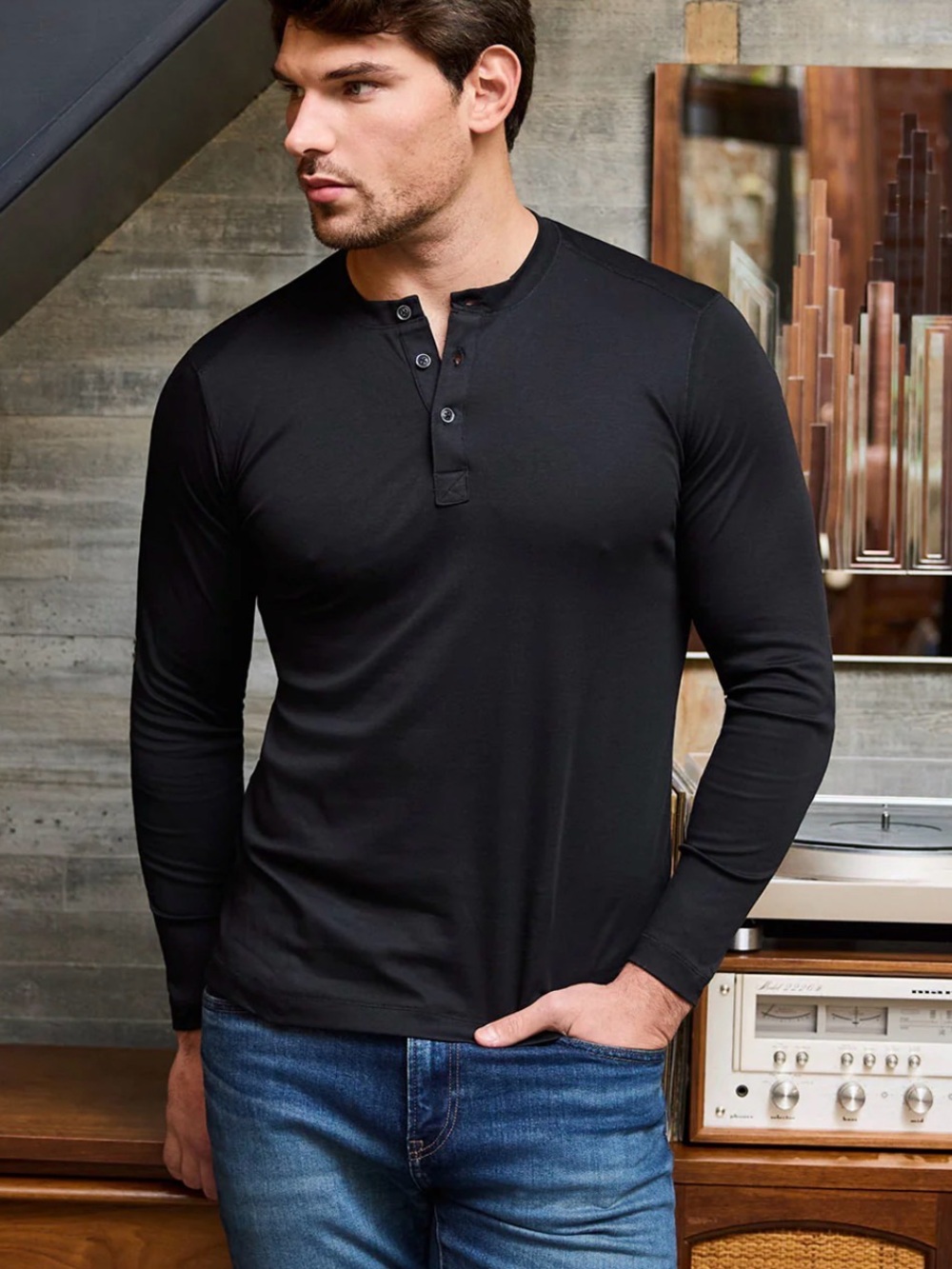 Raffi The Derek. Men's Black Long-Sleeve Henley Shirt. M. New.